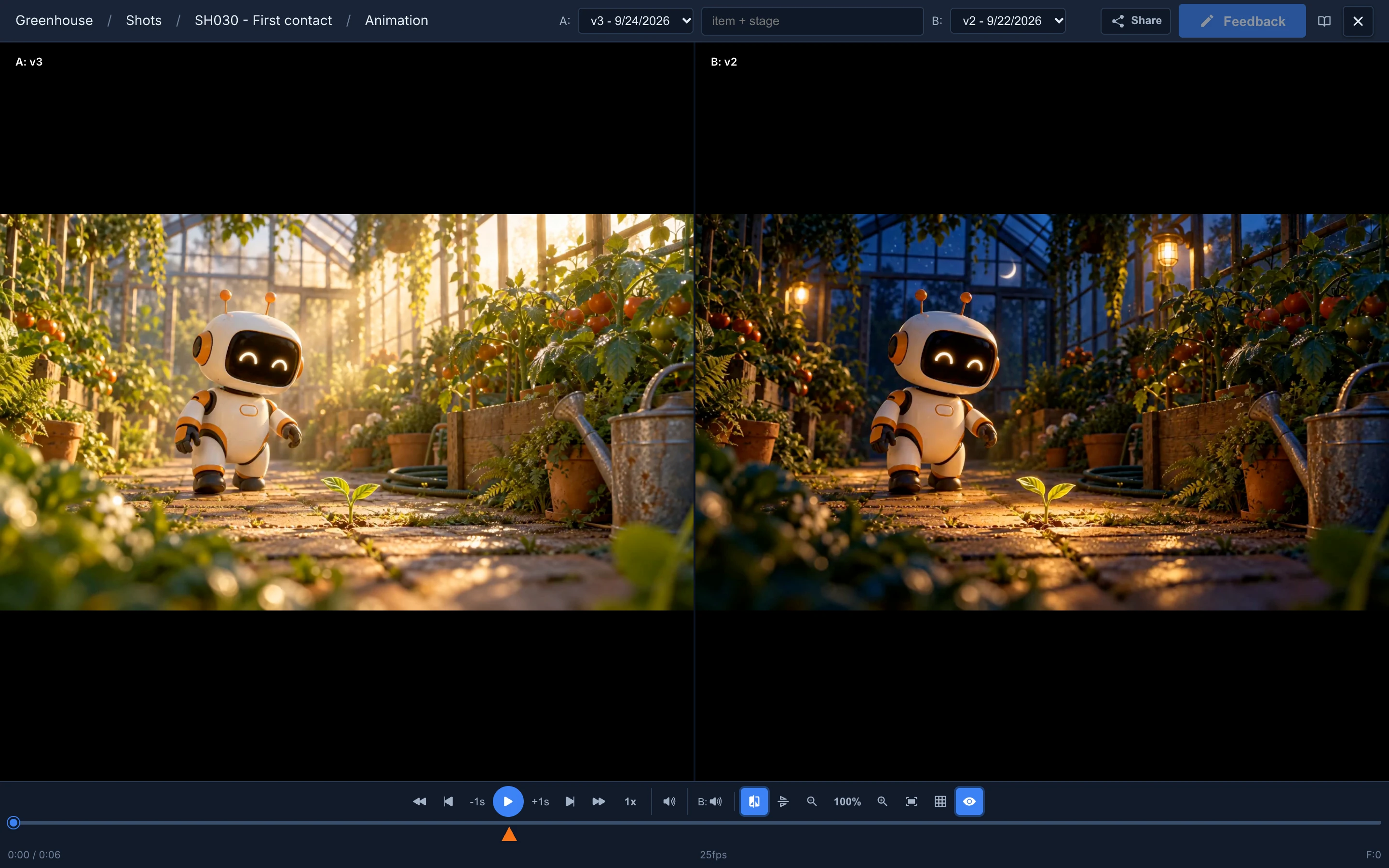 Review mode in Split with version 3 of SH030 Animation on the left, labelled A: v3, and version 2 on the right, labelled B: v2