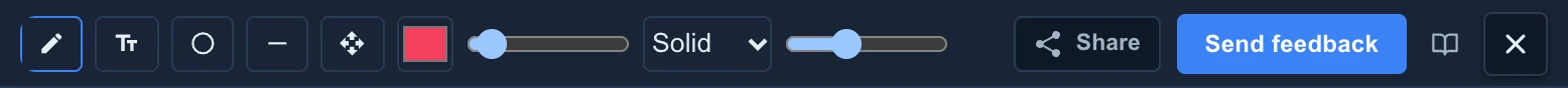 The drawing tools of Review mode in the header: Pencil, Text, Circle, Line and Transform, the color, Stroke width, Solid, Stroke smooth, Share, Send feedback, the guide and Close