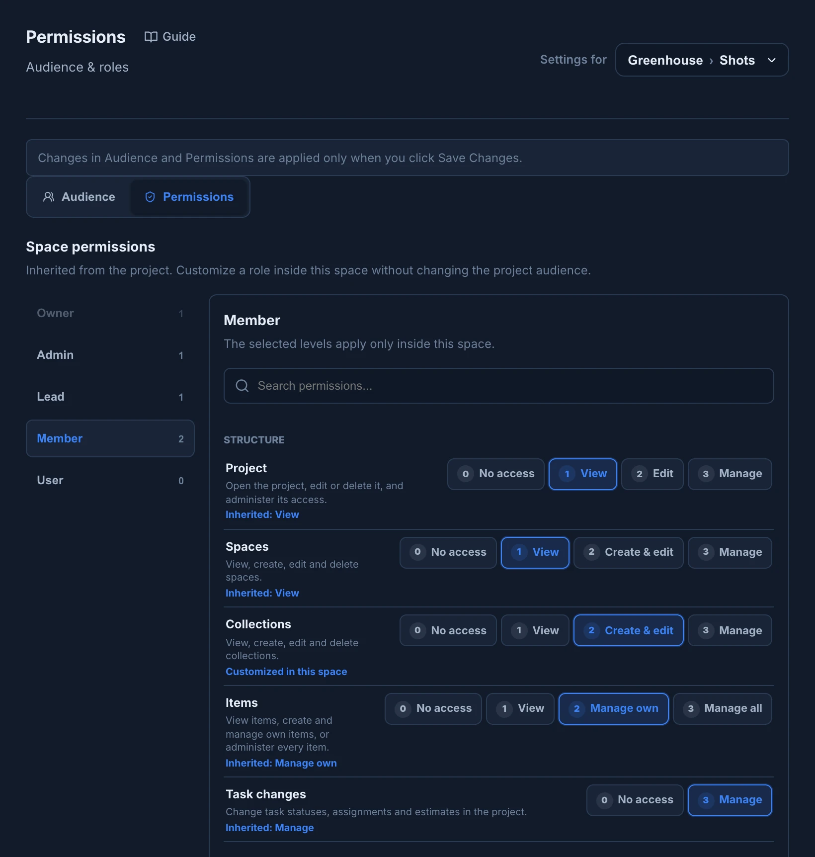 The Permissions of the Shots space for Member: Project, Spaces and Items inherited from the project, and Collections set to Create & edit, Customized in this space