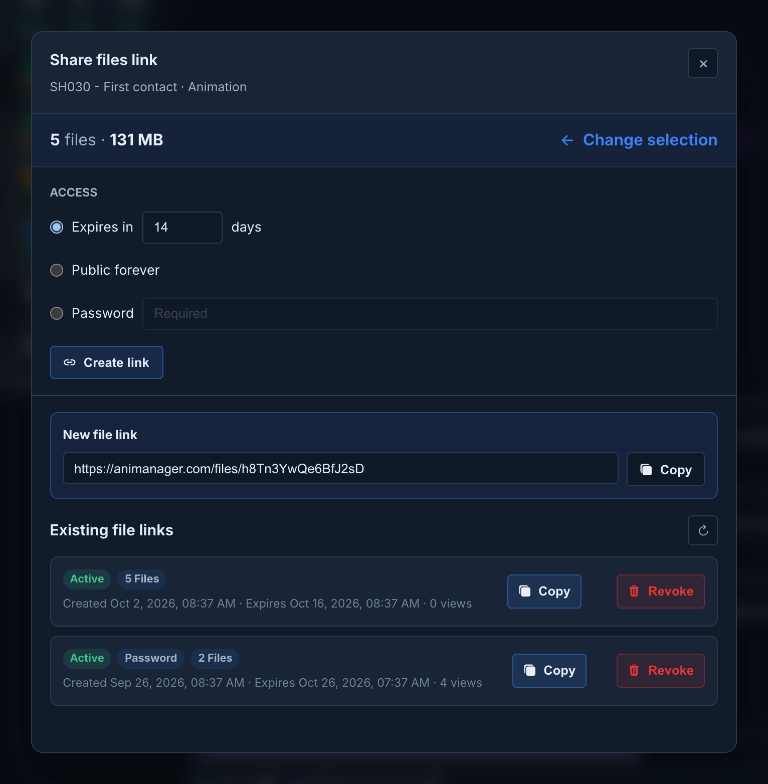 The Share files link dialog for SH030 Animation with 5 files selected, Access set to Expires in 14 days, a new file link ready to copy and the existing file links of the stage