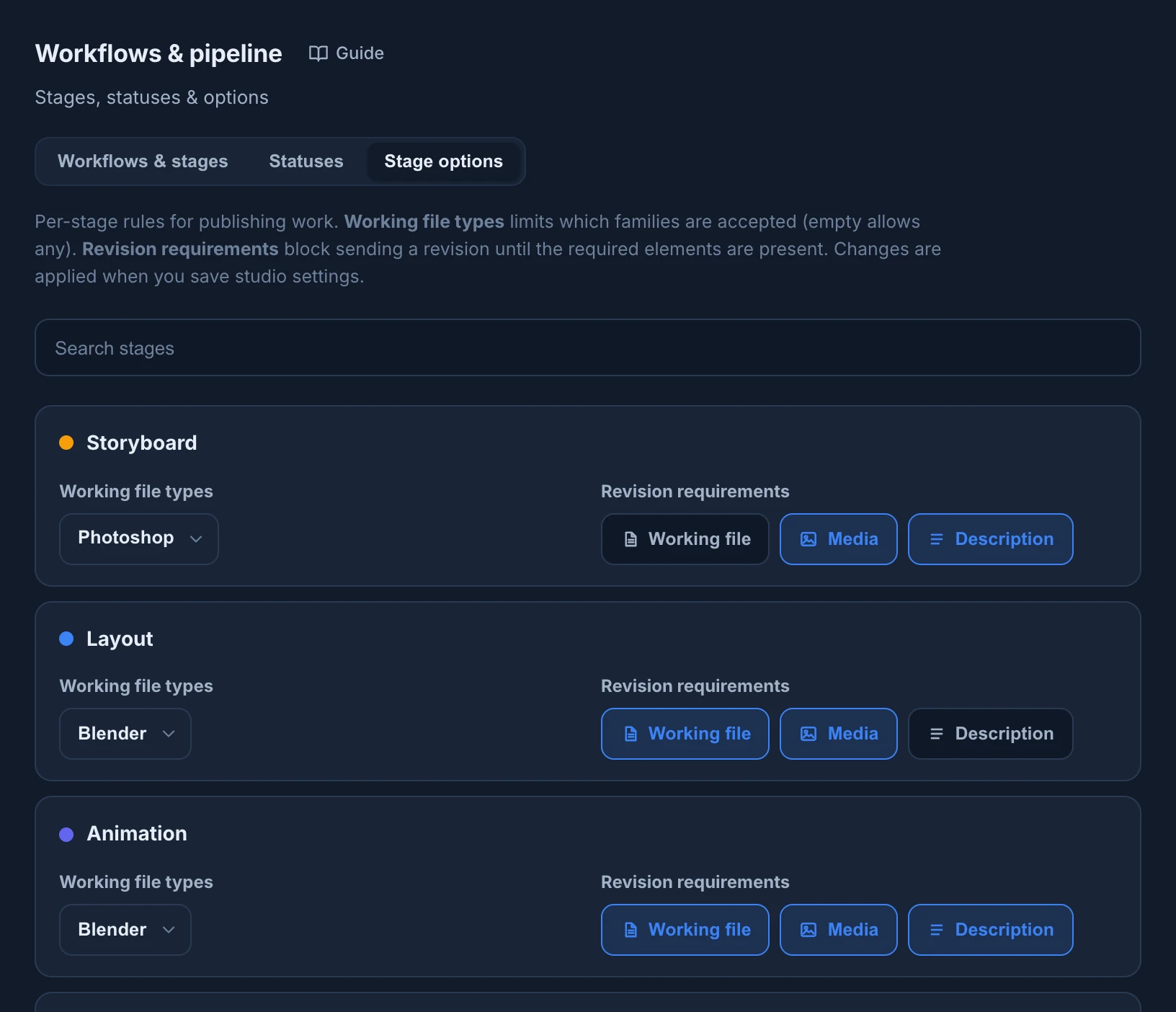 The Stage options tab: Storyboard accepts Photoshop and requires Media and Description, Layout accepts Blender and requires Working file and Media, Animation accepts Blender and requires all three
