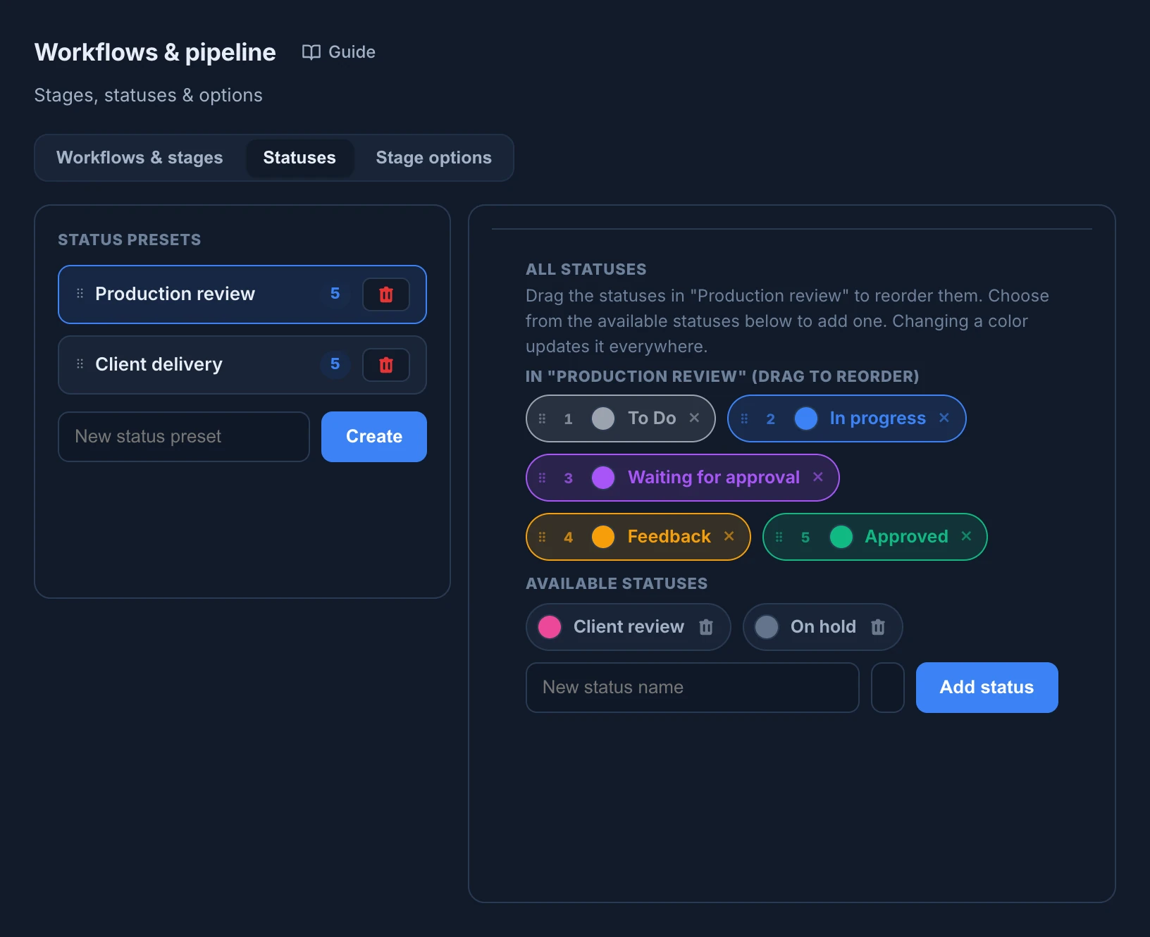 The Statuses tab with the Production review preset selected: To Do, In progress, Waiting for approval, Feedback and Approved in order, and Client review and On hold available