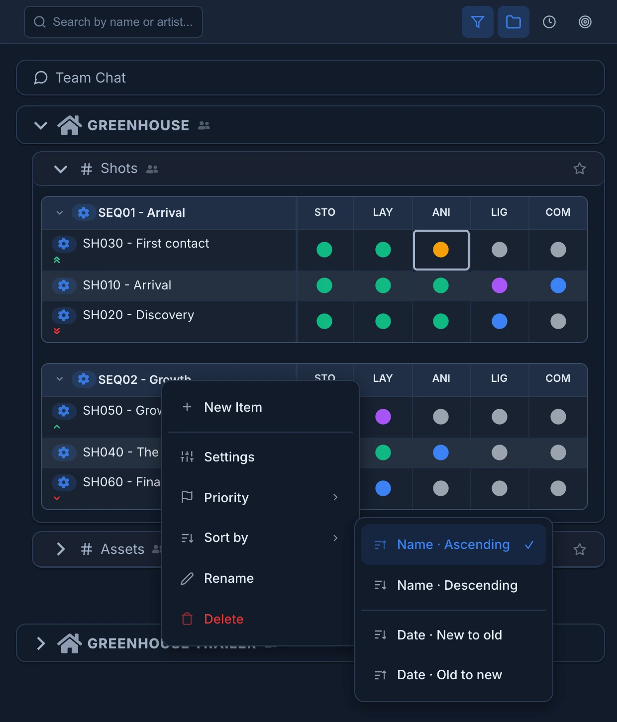 The Shots grid grouped by sequence with the menu of SEQ02 - Growth open on Sort by: Name Ascending ticked, Name Descending, Date New to old and Date Old to new