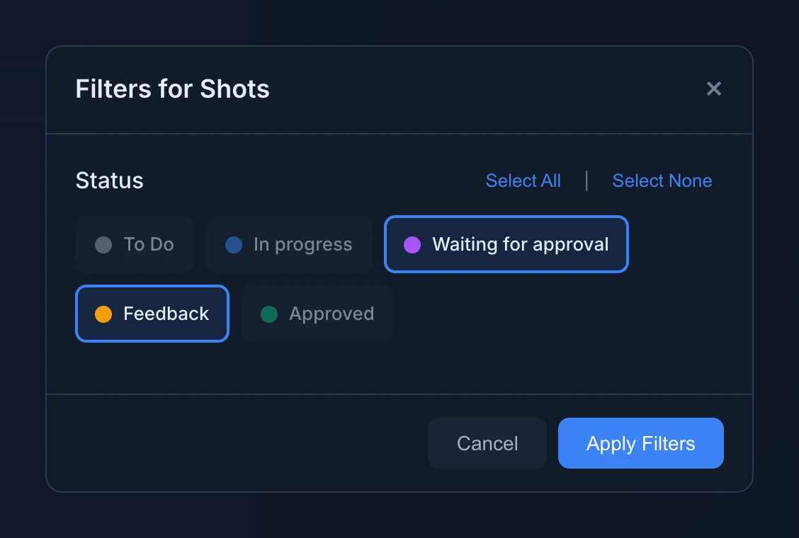 The Filters for Shots dialog with Waiting for approval and Feedback selected, and To Do, In progress and Approved not selected