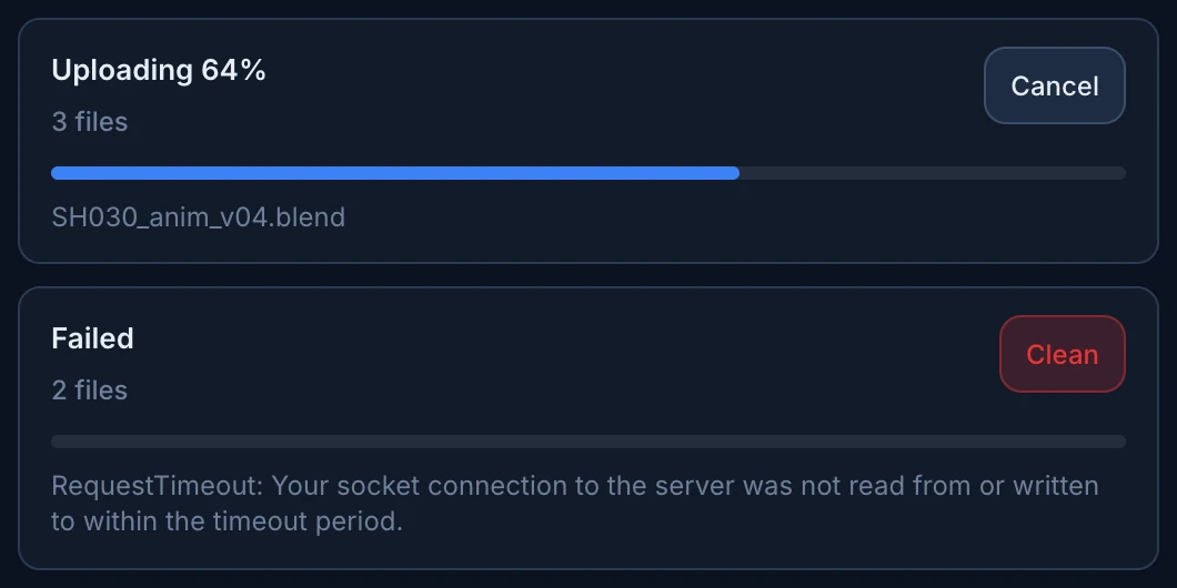 Two uploads in the Helper window: Uploading 64% with 3 files and Cancel, and Failed with 2 files, the error RequestTimeout: Your socket connection to the server was not read from or written to within the timeout period, and Clean