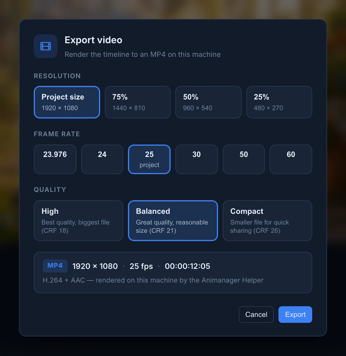 The Export video dialog with the resolution, frame rate and quality choices, set to Project size, 25 fps and Balanced