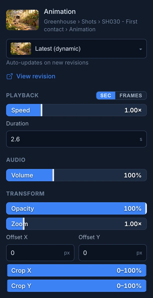 The properties of the selected clip: the Animation stage of SH030 on Latest (dynamic), View revision, Speed and Duration, Volume, and Opacity, Zoom, Offset X and Y, Crop X and Crop Y