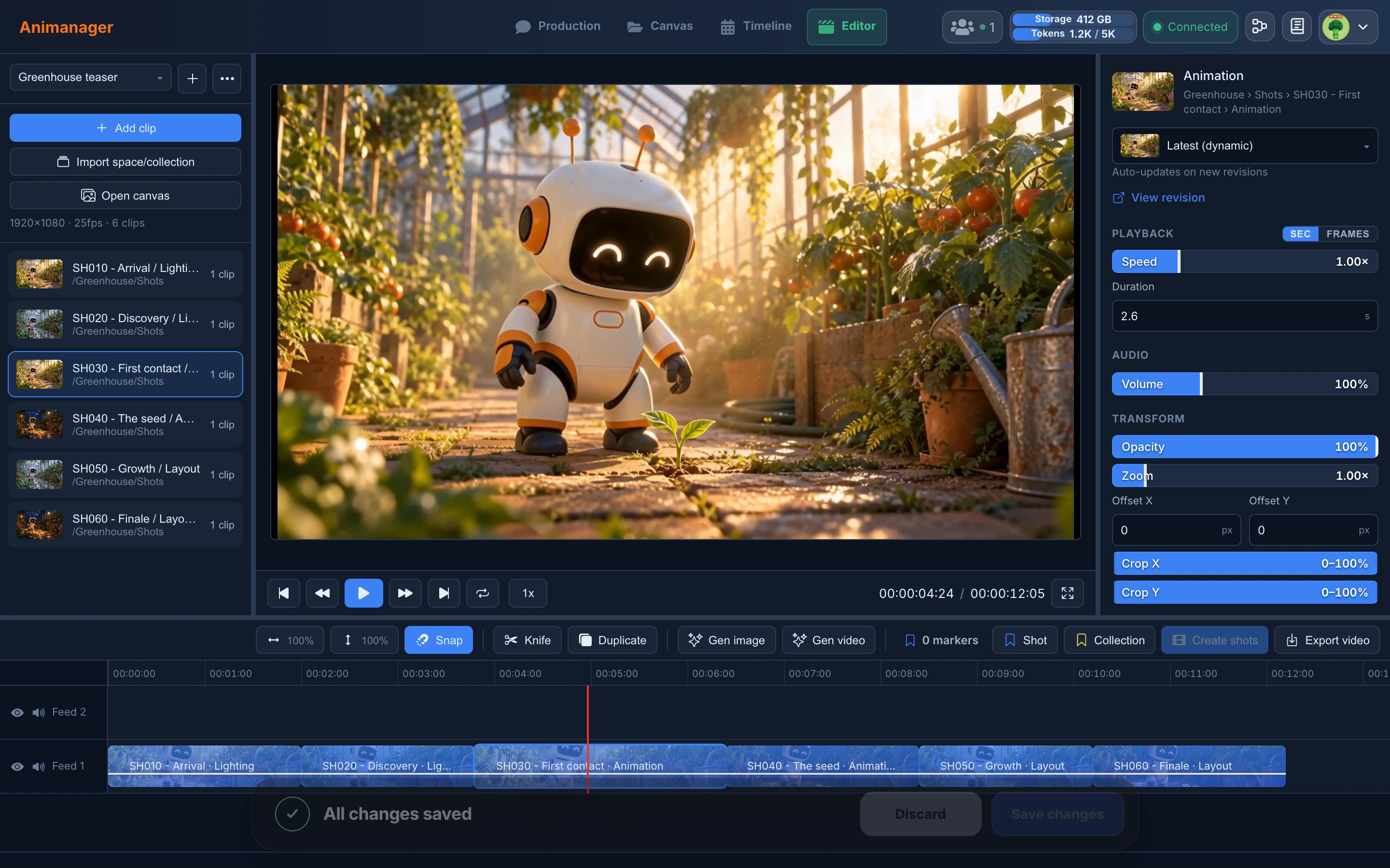 The video editor with the Greenhouse teaser open: the projects and sources on the left, the preview in the middle, the properties of the selected clip on the right and the six shots of the film on the timeline
