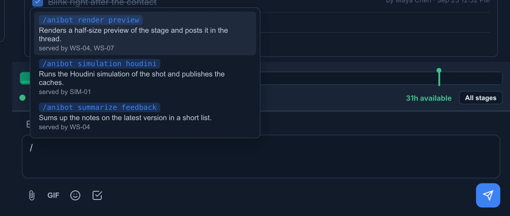 The list that / opens in the message box: /anibot render preview served by WS-04 and WS-07, /anibot simulation houdini served by SIM-01 and /anibot summarize feedback served by WS-04, each with its description