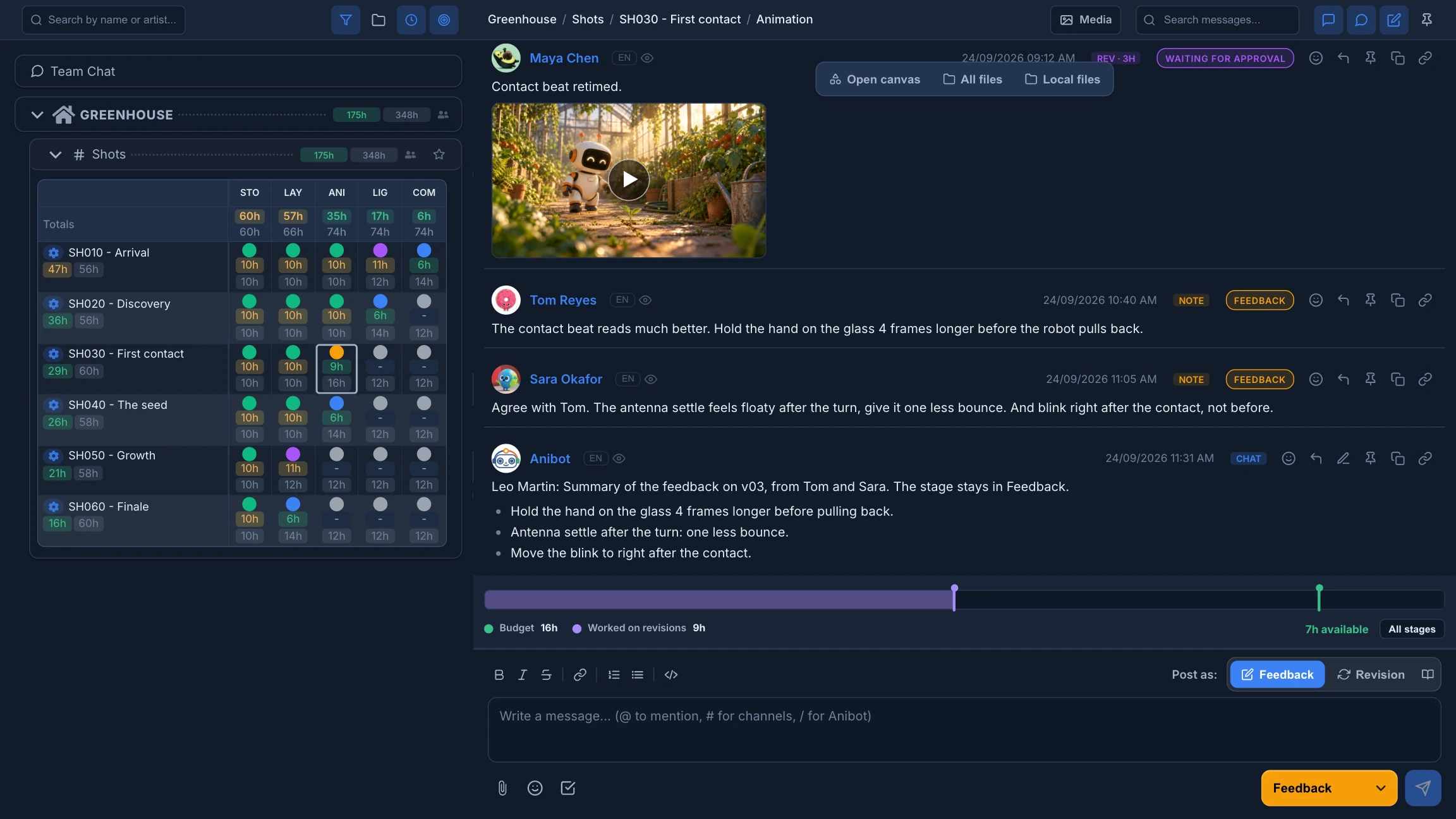 The Animation chat of shot SH030 in Animanager, next to the grid with the status of every stage. Anibot, the AI agent connected through MCP, has posted a summary of the feedback on revision v03.